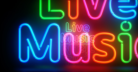 Live Music neon symbol. Retro style nightlife club, entertainment and musical night party light color bulbs. Abstract concept 3d illustration.
