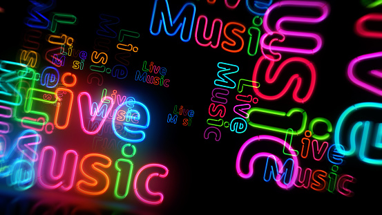 Live Music neon symbol. Retro style nightlife club, entertainment and musical night party light color bulbs. Abstract concept 3d illustration.