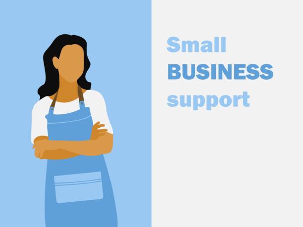 Portrait of a girl in an apron. Flat design vector illustration with blue and white background. Small business support lettering Portrait of a girl in an apron. Flat design vector illustration with blue and white background. Small business support lettering small business owner stock illustrations