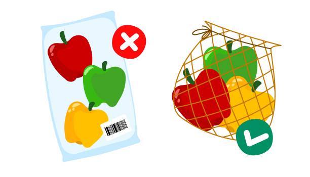 istock Ban single use plastic, stop sign. Choose plastic free. Zero Waste shopping concept. Packed bell pepper in plastic bag with prohibition sign. Bell pepper in reusable bag with permitting sign. 1441169833
