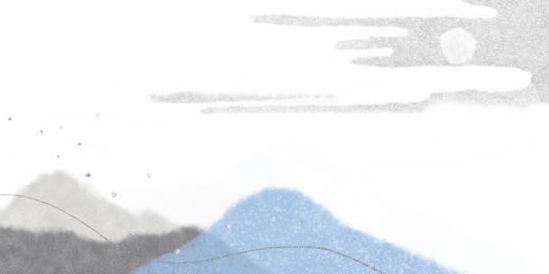 istock Horizontal abstract art banner with silver glitter on watercolor. Japanese style mountains, clouds and moon on white background. Modern landscape. Space for text 1441169878