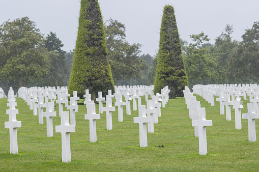 A vertical shot of the Meuse-Argonne American Cemetery in Normandy, France