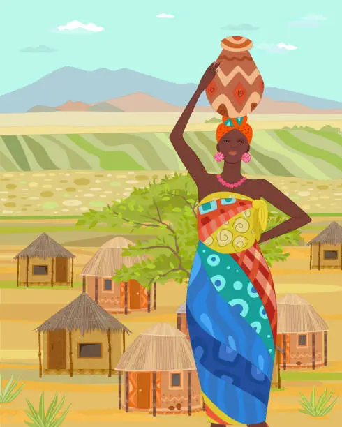 Vector illustration of An African girl in costume, carrying water jugs on her head, stands in front of the village.