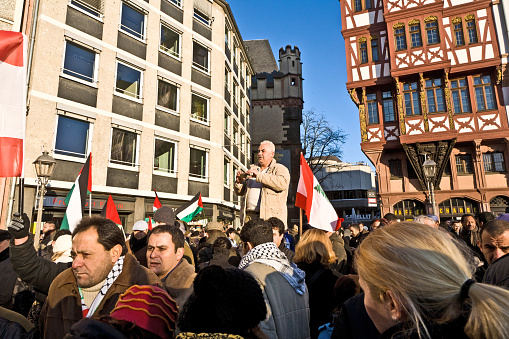 Frankfurt, Germany - January 3, 2009: 10000 people demonstrate against the bombing of Gaza and for freedom in Palestine and a an own state for the palestines at the Roemerberg in Frankfurt, Germany.