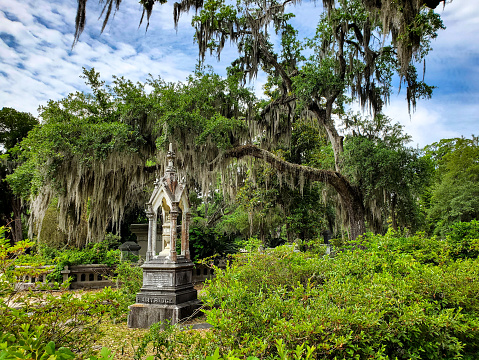 An elaborately carved tombstone rests in the historic Bonaventure Cemetery in Savannah Georgia.