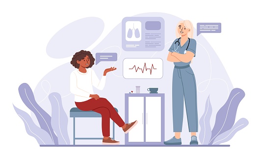 People in medical. Women analyze patients medical history. Teamwork, specialists and professionals. Health care and regular visits. Poster or banner for website. Cartoon flat vector illustration