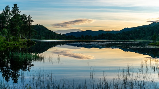 A beautiful shot of a lake with mountains and trees reflection during sunset