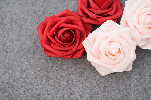 A pair of red and a pair of pink roses on a gray woolen background with copy space