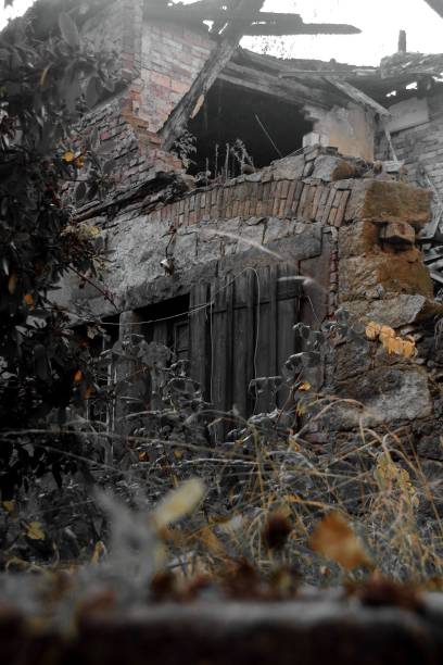 istock Old and abandoned house with dried leaves foreground 1441176031