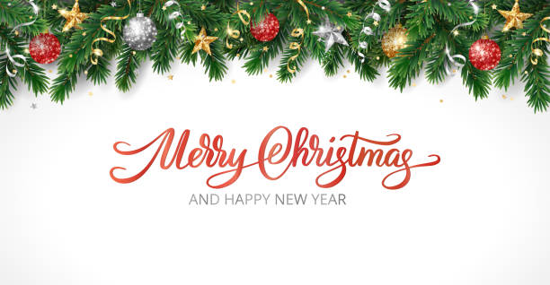 크리스마스 휴일 배너입니다. 장식품과 크리츠마스 나무 프레임입니다. 금색과 빨간색 반짝이 장식. 메리 크리스마스 손으로 쓴 텍스트입니다. - christmas background stock illustrations
