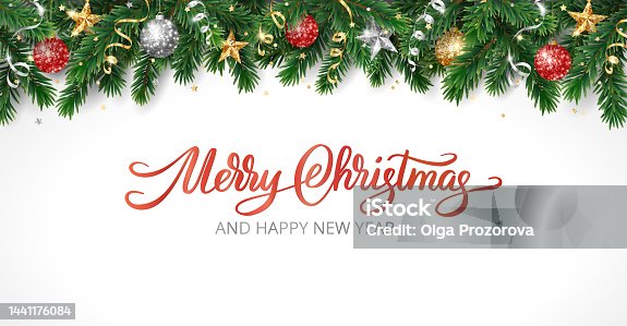 istock Christmas holiday banner. Chritsmas tree frame with ornaments. Gold and red glitter decoration. Merry Christmas hand written text. 1441176084