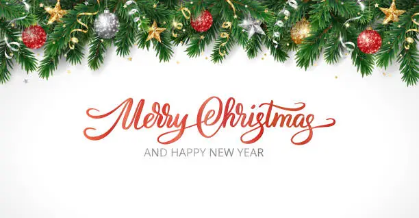 Vector illustration of Christmas holiday banner. Chritsmas tree frame with ornaments. Gold and red glitter decoration. Merry Christmas hand written text.