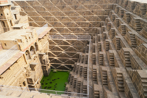 The details of the Chand Baori, the oldest, deepest, and largest step wells in the village of Abhaneri in Rajasthan