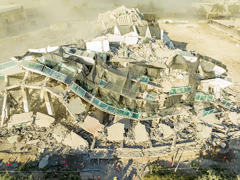 Aerial drone photo of the Deauville Hotel moments after it's implosion