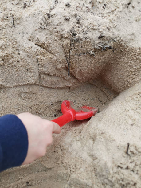 istock Vertical closeup shot of a hand using a toy shovel on sand 1441176812