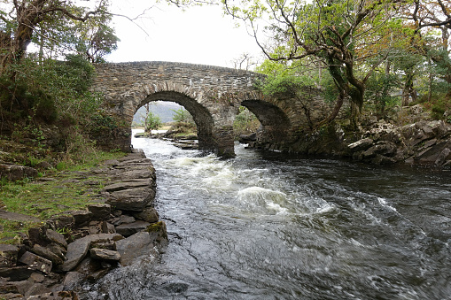 A scenic view of the Old Weir Bridge in Killarney National Park, Ireland