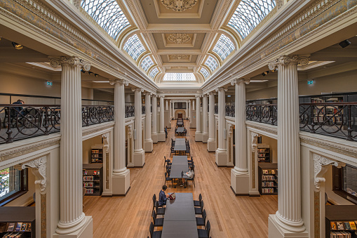 Melbourne, Australia – December 10, 2019: State Library of Victoria, Melbourne, Australia is a historic iconic building in Melbourne. Opens to public for broad information searching.