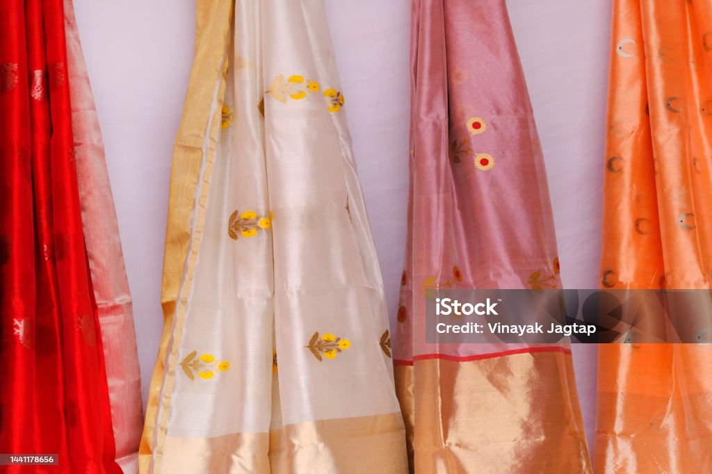 Handmade Indian silk sari / saree with golden details, woman wear on festival, ceremony and weddings, expensive sarees are famous for their gold and silver zari, brocade. Incredible India. Sari Stock Photo