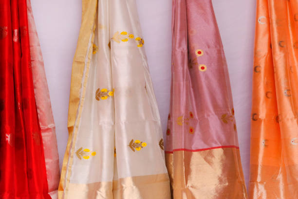 Handmade Indian silk sari / saree with golden details, woman wear on festival, ceremony and weddings, expensive sarees are famous for their gold and silver zari, brocade. Incredible India. Handmade Indian silk sari / saree with golden details, woman wear on festival, ceremony and weddings, expensive sarees are famous for their gold and silver zari, brocade. Incredible India. india indian culture market clothing stock pictures, royalty-free photos & images