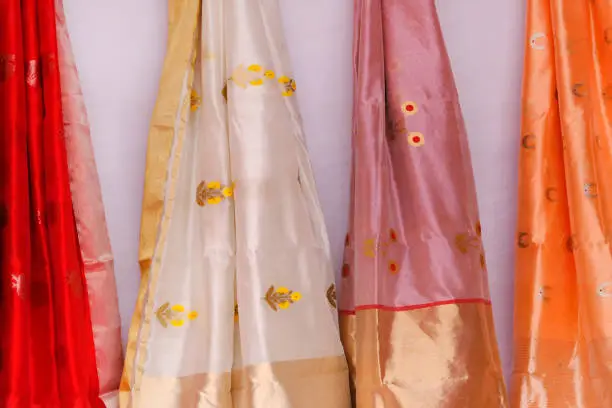 Handmade Indian silk sari / saree with golden details, woman wear on festival, ceremony and weddings, expensive sarees are famous for their gold and silver zari, brocade. Incredible India.