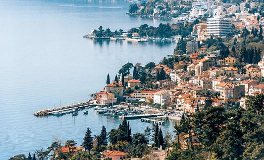 View of beautiful coastal town of Opatija, Croatia. High angle, opatija riviera, tourism, sunny day, spring, summer, tourism.