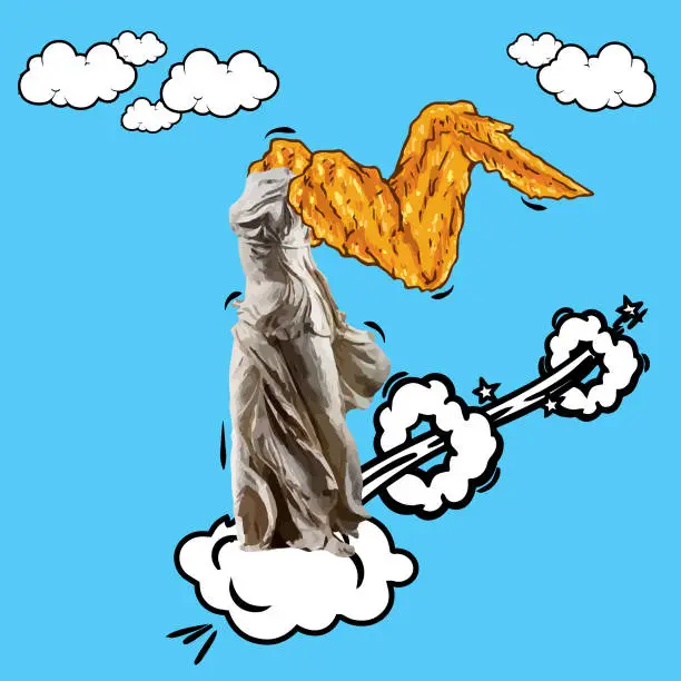 Photo of Abstract image of the Winged famous Greek statue with deep-fried chicken wings on painted clouds