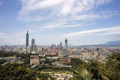 An aerial view of majestic Xinyi District cityscape in Taipei, Taiwan