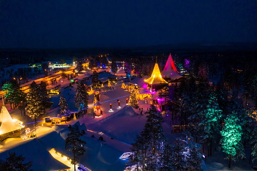 Rovaniemi, Finland – January 30, 2021: Aerial drone view of the Santa Claus Village, at the polar circle, Rovaniemi