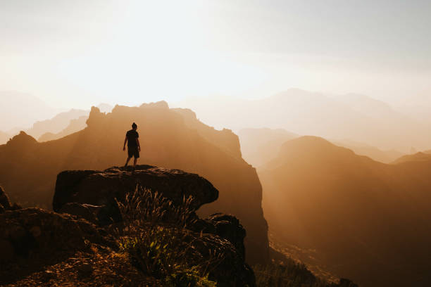 istock Man with a backpack standing on top of a cliff during the sunset 1441183386