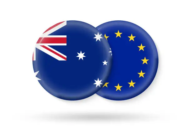 Vector illustration of Australia and EU circle flags. 3d icon. European Union and Australian national symbols. Vector illustration.