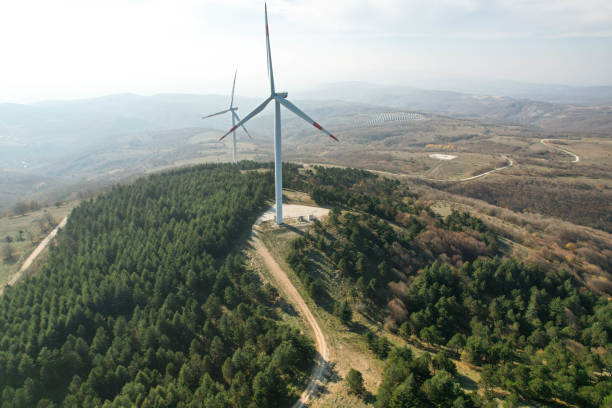 istock wind turbines among pine trees, electricity generation from wind renewable electricity generation, drone view of wind turbines 1441183828