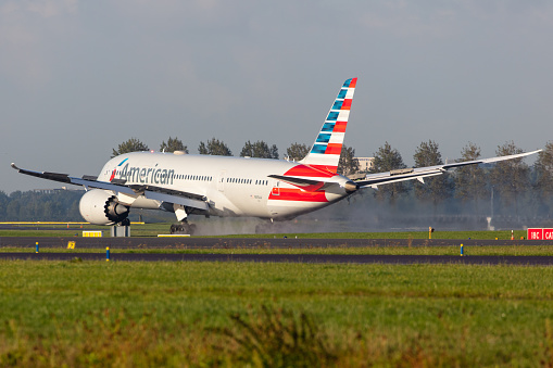 Amsterdam, Netherlands – September 12, 2020: American Airlines (AA / AAL) approaching Amsterdam Schiphol Airport (EHAM/AMS) with a Boeing 787-8 Dreamliner B788 (N815AA/40633).