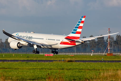 Netherlands. Amsterdam. 09.22.2022 Close up view of Delta Airlines plane parked at airport.