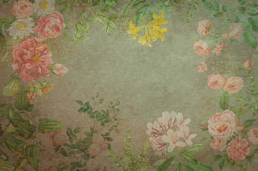 A decorative floral pine green parchment paper for a background with copy space in the middle