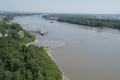 An aerial view of the Missouri River in summertime near St. Charles, Missouri