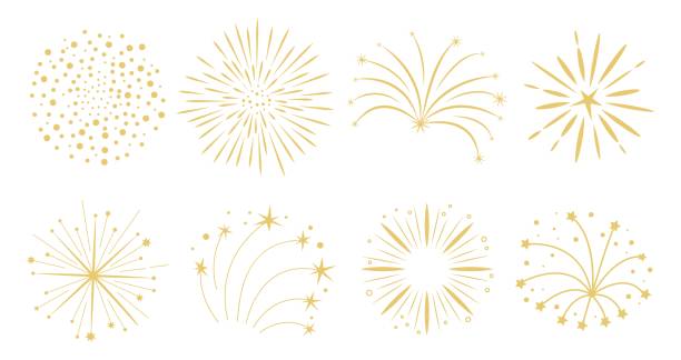 Simple golden fireworks fest collection. Set of gold fireworks. Collection of fest firecracker star. Simple vector fest decor. Elements for stickers, web, celebration, New year, anniversary, festival, birthday. Isolated on white firework man made object stock illustrations