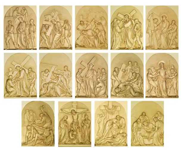 The Stations of the Cross on white background