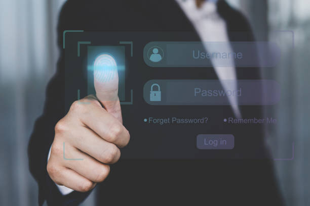 istock Business people finger scan on visual screen, security data online and data protection, Online identity theft protection. 1441187177