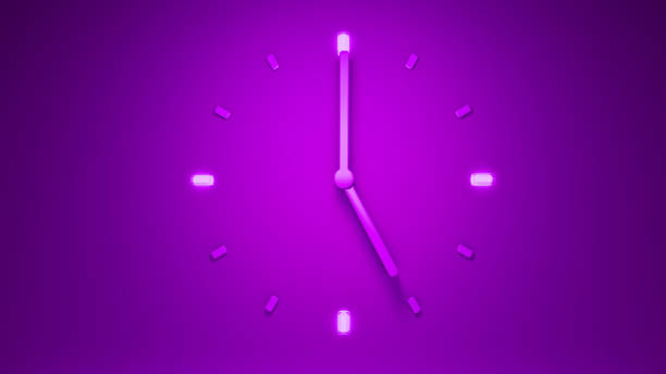 A 3D rendering of an illuminated purple clock showing five o'clock
