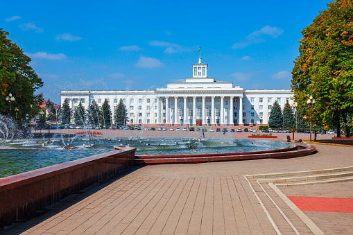 Fountains and Government House of the KBR at the Concord Square in Nalchik, Kabardino-Balkarian Republic in Russia.