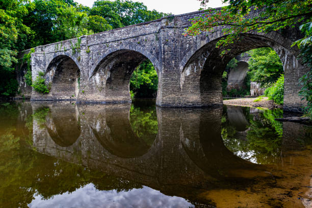 Colourful Summer Detail of Historic Rothern Bridge, Reflections and Low Water Level on the River Torridge - Upstream View - fotografia de stock