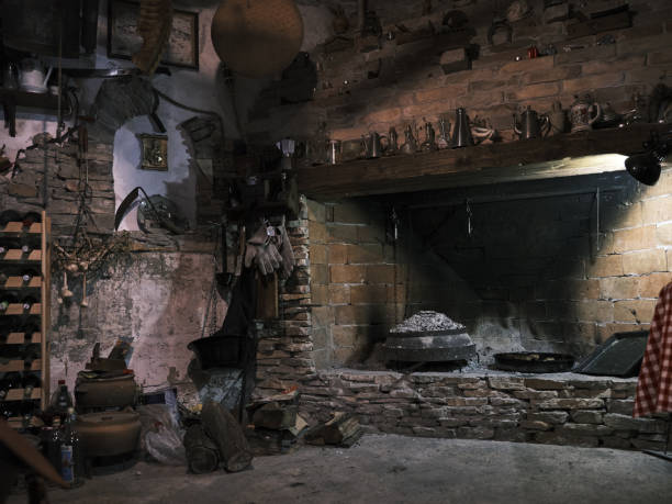 istock Interior view of a brick cottage filled with old and vintage objects 1441190101