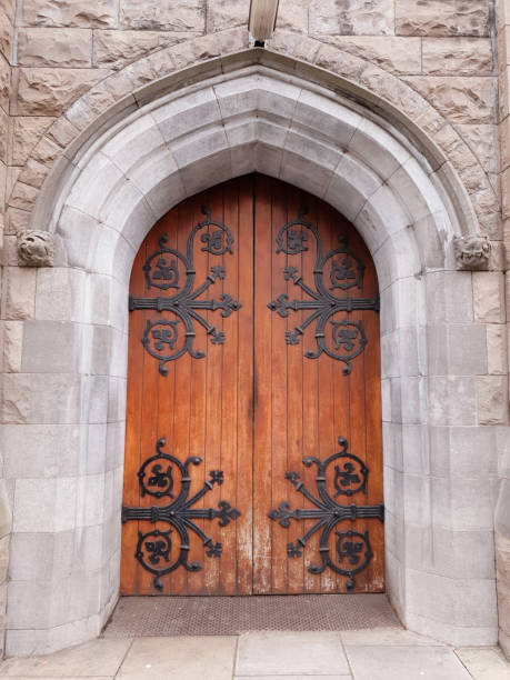 istock Old wooden door with decorative hinges 1441190264
