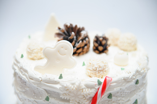 A closeup shot of a Christmas cake made with white cream and decorated with cones