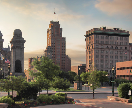 View from Clinton Square with the The Soldier's and Sailor's Monument, The State Tower Building and the Gridley Building from Clinton Square