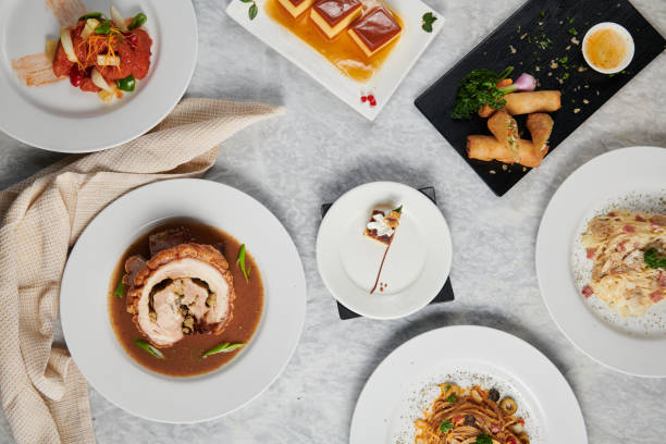 istock Top view of different decorated dishes served on plates on the table 1441193200