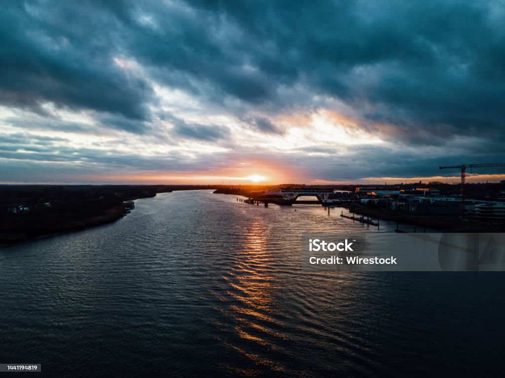 Droneshot sunset river Droneshot of a sunset at a river in Belgium. Beauty Stock Photo