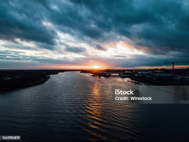 Droneshot Sunset River Stock Photo - Download Image Now - Beauty, Blue, Canal