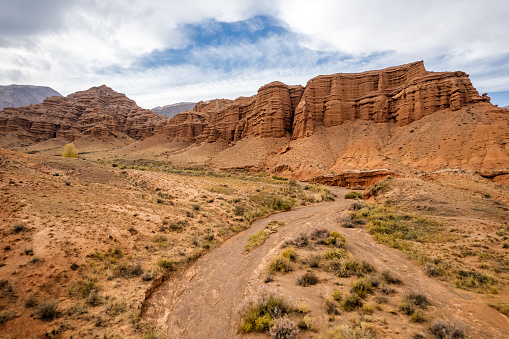 Sandstone rocks of Konorchek canyon, Kirgyzstan, Central Asia, famous trekking area.