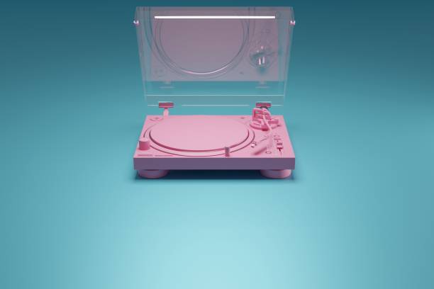 A turntable in a pink pastel color on a turquoise background.